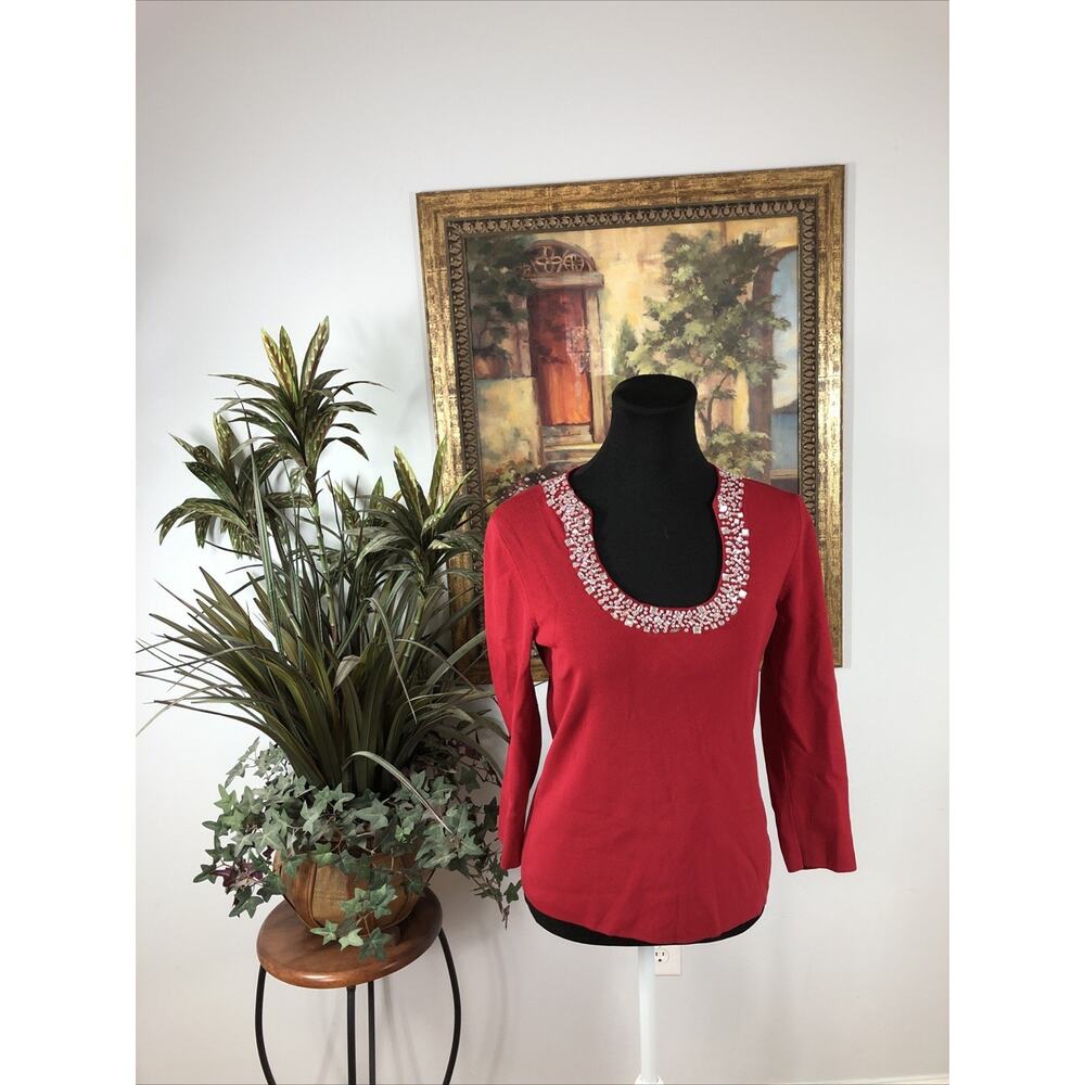 Elegant Red Women's Scoop Neck Sweater pullover long sleeve cable knit stretch M